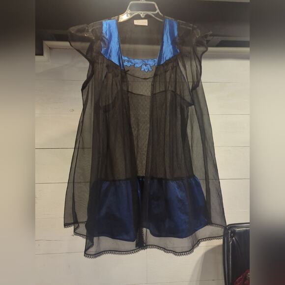 Vtg Secret Accents Sheer Black&Blue Lingerie Set (Teddy&Peignoir Robe) - Sz M-L - Picture 1 of 10